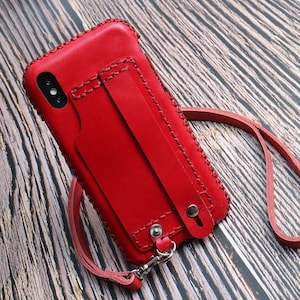 レッドレザー iPhone 16e 15 Pro Max 15 Plus 14 Pro Max 14 Plus ケース/スリーブ ウォレット/カードホルダー付き、ネックロープ クラシックレザー、iPhone 16 カバー