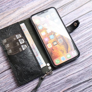 Wristlet Book Style iPhone 15 Plus 15 Pro Max 15 14 Pro/14 Pro Max/14 Plus 12 pro max 13 pro max Embossed Leather Wallet Case Custom Tooled image 2