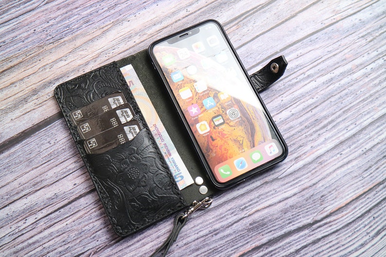 Wristlet Book Style iPhone 15 Plus 15 Pro Max 15 14 Pro/14 Pro Max/14 Plus 12 pro max 13 pro max Embossed Leather Wallet Case Custom Tooled image 2