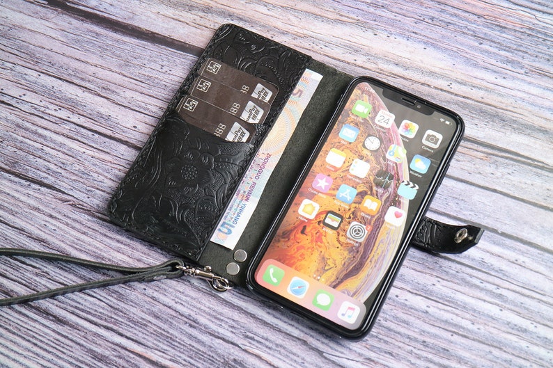 Wristlet Book Style iPhone 15 Plus 15 Pro Max 15 14 Pro/14 Pro Max/14 Plus 12 pro max 13 pro max Embossed Leather Wallet Case Custom Tooled image 5