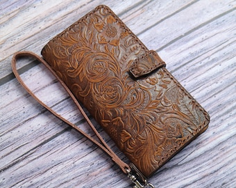 Wristlet Tooled iPhone 16E 15 Pro Max 15 plus 14 Pro Max/14 Plus 13 12 11 Pro Max Embossed Leather Case Wallt Personalization 6ASIF02