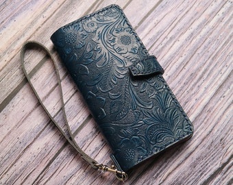 Wristlet Phone Purse Samsung Galaxy S25 Ultra S25+ S24 FE S24 Ultra S23 FE S23 Ultra S23+ S22 Ultra S21 FE Embossed Leather Case 6ASSS02