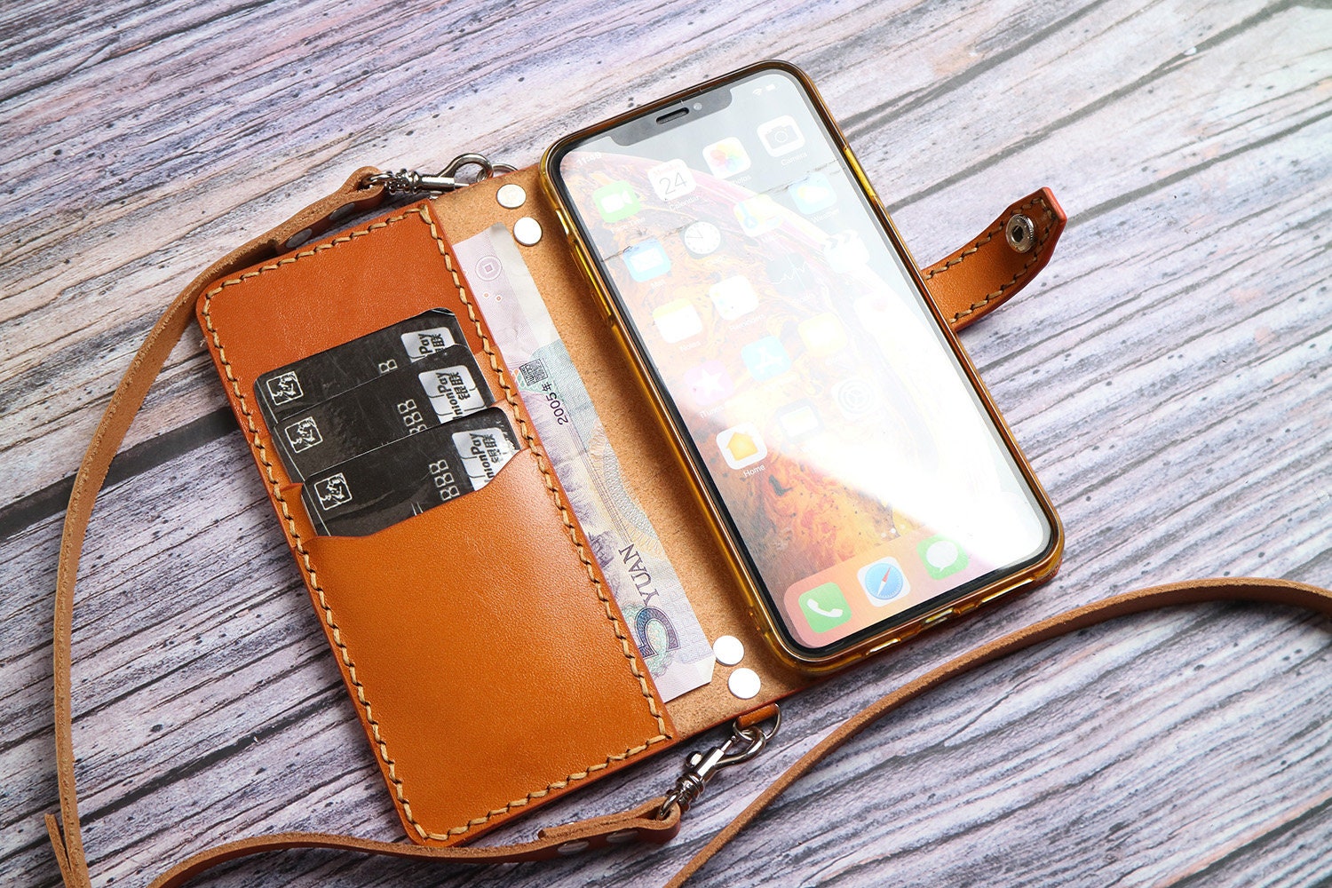 Genuine Leather Crossbody Strap Back Case Cover for iPhone  15/14/Plus/Pro/Max
