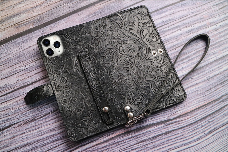 Wristlet Book Style iPhone 15 Plus 15 Pro Max 15 14 Pro/14 Pro Max/14 Plus 12 pro max 13 pro max Embossed Leather Wallet Case Custom Tooled image 6