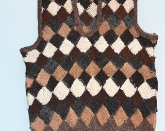 Hand Knit Homespun Alpaca Argyle Vest - Peru - Small