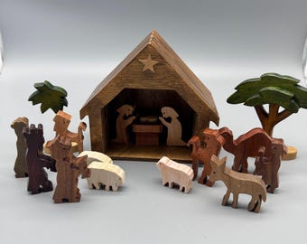 Vintage Nativity Set Crèche Handmade Carved Wood Christmas Manger Folk Art