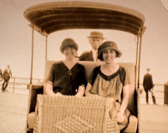 1920s Coney Island NY Photo Boardwalk Rolling Wicker Chair Women