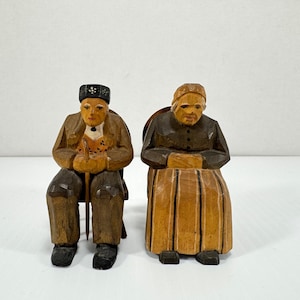Vintage Huggler-Wyss Swiss Wood Carved Elderly Couple Figurines Folk Art