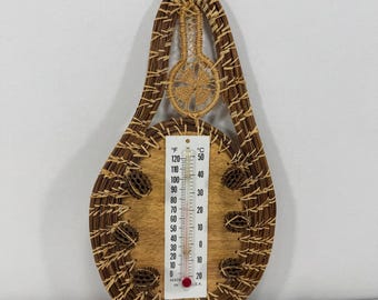 Vintage Handmade Pine Needle Woven Wall Thermometer Rustic Folk Art