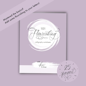 Pode incluir: Um caderno cor de lavanda intitulado "101 Flourishing Calligraphy Worksheets" com um design circular branco. A capa inclui o texto "Mastered the basics? Add some flourishing to your letters!" e "25 pages".