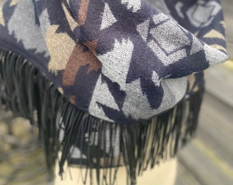 Navy Print with Black Faux Leather Fringe