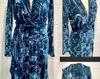 Handmade teal crushed velvet midi length dress.