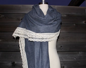 Gray Herringbone Shawl with lace trim