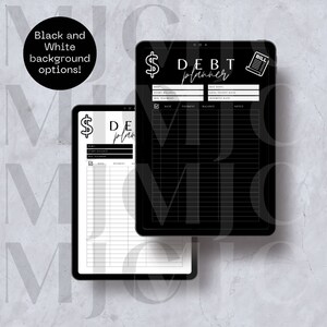 May include: Two digital planner templates for debt management. The left template is white with black text and the right template is black with white text. Both templates have a dollar sign, the words "Debt Planner", and a section for tracking debt information.