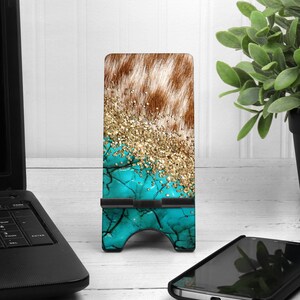 Faux Glitter Turquoise Cowhide Phone Stand Office Accessory - With or Without Personalization