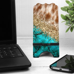 Faux Glitter Turquoise Cowhide Phone Stand Office Gift - With or Without Personalization