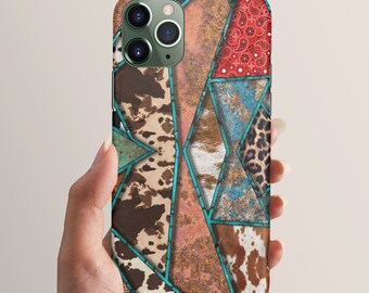 Geometric Cowhide Print iPhone Case: Turquoise Bandana Design