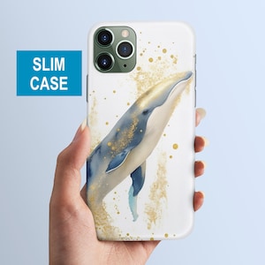 Watercolor Whale Phone Case - Slim, Gold Accents, iPhone & Samsung Models, Glossy, Lightweight and Protective