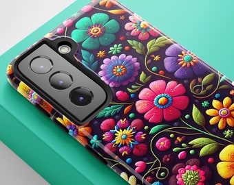 Rainbow Floral Bliss Embroidery Phone Case for iPhone, Samsung Galaxy, Samsung Note - iPhone 15 Phone Cases, S24, S24 Plus & S24 Ultra