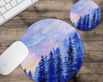 Dreamy Mountain Forest Mouse Pad & Coaster Blue | Forest MousePad | Gift for Wife | Gift for Girlfriend | Office Gift | Gift Set