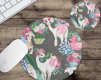 Watercolor Floral Llama Mouse Pad  & Coaster Gray | Llama MousePad | Gift for Wife | Gift for Girlfriend | Office Gift | Nature | Gift Set