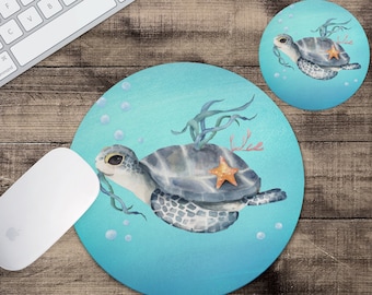 Sea Turtle Mouse Pad & Coaster Set: Teal Office Decor