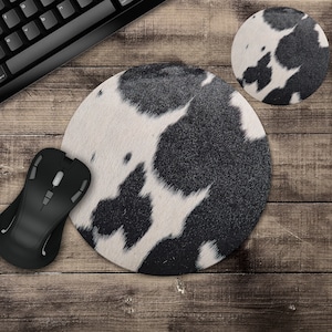 Black Cow Hide Print Mouse Pad and/or Coaster, Round or Rectangle