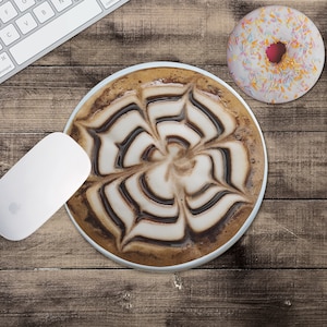 Coffee Gift Mouse Pad with Donut Coaster | Round MousePad | Gift for Wife | Gift for Girlfriend | Unique Mouse Pad | Funny Gift | Latte