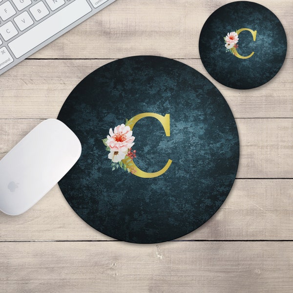 Alphabet Letter Flower Mouse Pad & Coaster Vs4 | Floral MousePad | Gift for Wife | Gift for Girlfriend | Office Gift | Monogram | Gift Set