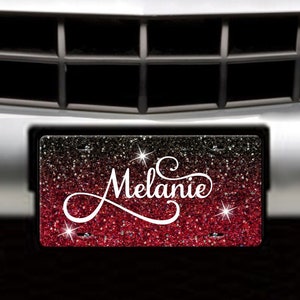 Black & Red Glitter Ombre License Plate , License Plate Frame Custom, Car Coasters, Personalized Front License Plate