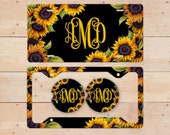 Sunflowers on Black Monogram License Plate, License Plate Frame Custom, Car Coasters, Personalized Front License Plate