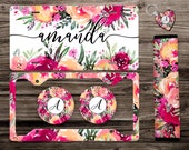 Spring Floral Monogrammed License Plate, License Plate Frame Custom, Car Coasters, Seat Belt Cover, Personalized Front License Plate
