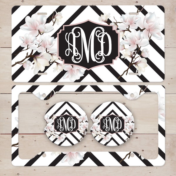 White Floral Chevron Monogrammed License Plate, License Plate Frame Custom, Car Coasters, Personalized Front License Plate