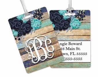 Blue & Teal Floral Rustic Custom Luggage Tag | Personalized Luggage Tag | Gift for Traveler | Gifts for Her | Monogram Luggage Tag