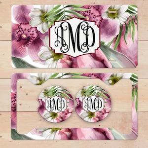 Watercolor Orchid Daisy Monogrammed License Plate, License Plate Frame Custom, Car Coasters, Personalized Front License Plate