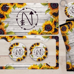 Sunflowers on Gray Wood Monogram License Plate, License Plate Frame Custom, Car Coasters, Personalized Front License Plate