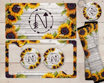 Personalized Sunflower Gray Wood License Plate and Matching Car Accessories