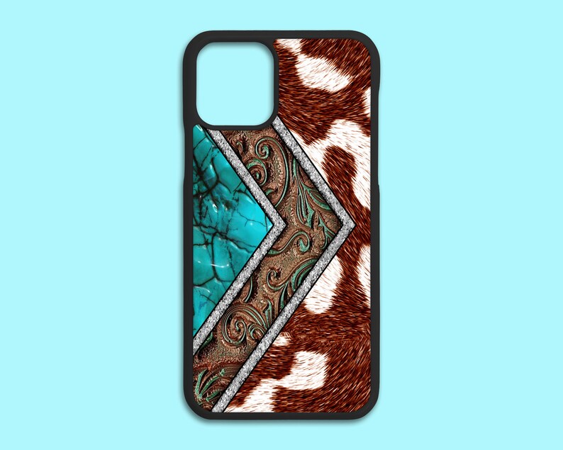 Cowhide Turquoise and Stone Phone Case for Apple, Iphone 7, 8, X, 11, 12, Galaxy, Samsung 