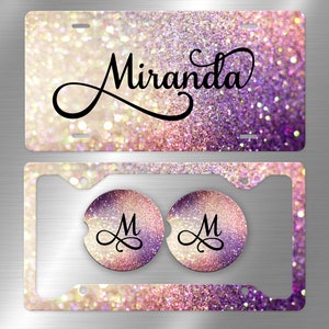 Custom License Plate Glitter Ombre Purple Pink , License Plate Frame Custom, Car Coasters, Personalized Front License Plate