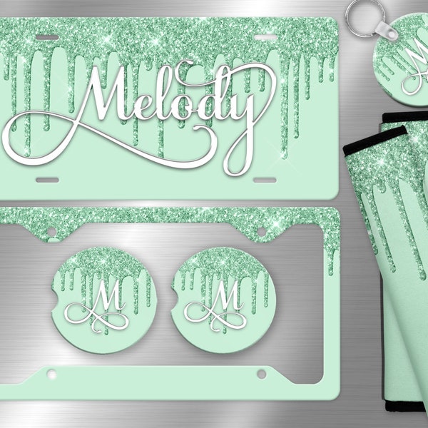 Green Glitter Drip License Plate, License Plate Frame Custom, Car Coasters, Personalized Front License Plate