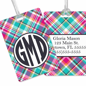 Custom Plaid Luggage Tag Pink Teal 2 | Custom Luggage Tag | Gift for Traveler | Gifts for Her | Monogram Luggage Tag