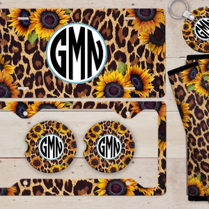 Sunflower Teal & Leopard Print Monogram License Plate, License Plate Frame Custom, Car Coasters, Personalized Front License Plate