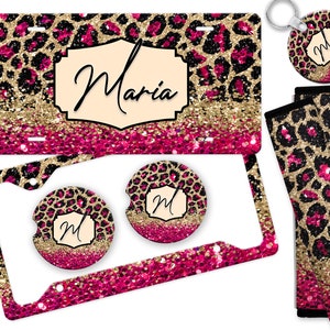 Hot Pink Gold Faux Glitter Leopard License Plate and/or Accessories