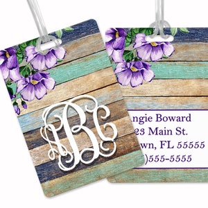 Purple Floral Rustic Custom Luggage Tag | Personalized Luggage Tag | Gift for Traveler | Gifts for Her | Monogram Luggage Tag