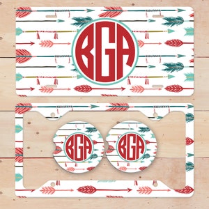 Boho Arrow Monogram License Plate, License Plate Frame Custom, Car Coasters, Personalized Front License Plate
