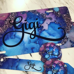 Glitter Ink Marble Monogram License Plate Pink Blue, License Plate Frame Custom, Car Coasters, Personalized Front License Plate