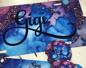 Monogram License Plate & Car Coaster Set: Glitter Ink Marble Personalized