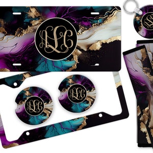 Glitter Ink Marble Monogram License Plate Pink Blue, License Plate Frame Custom, Car Coasters, Personalized Front License Plate