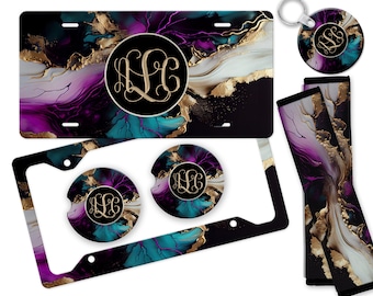 Marble Monogram License Plate & Frame: Glitter Ink Swirl Car Coasters
