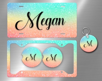 Glitter Ombre Sunset Orange Blue License Plate, License Plate Frame Custom, Car Coasters, Personalized Front License Plate